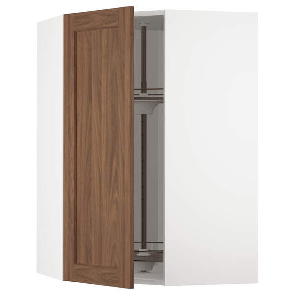 METOD - METOD Corner wall cabinet with carousel, white Enköping/brown walnut effect, 68x100 cm