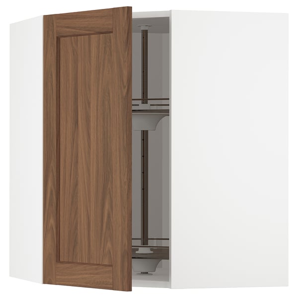 METOD - METOD Corner wall cabinet with carousel, white Enköping/brown walnut effect, 68x80 cm