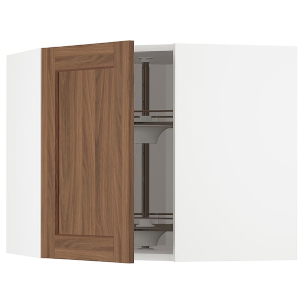 METOD - METOD Corner wall cabinet with carousel, white Enköping/brown walnut effect, 68x60 cm