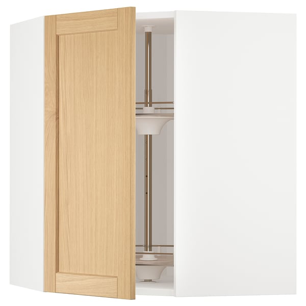 METOD corner wall cabinet with carousel, white/Forsbacka oak, 68x80 cm
