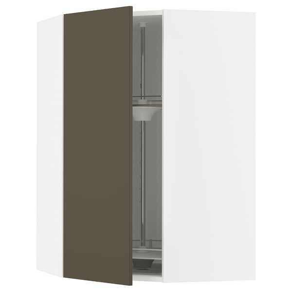 METOD corner wall cabinet with carousel, white/Havstorp brown-beige, 68x100 cm