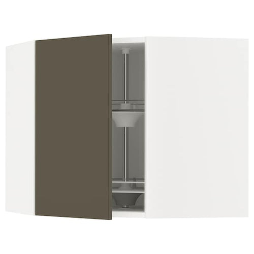 METOD corner wall cabinet with carousel, white/Havstorp brown-beige, 68x60 cm