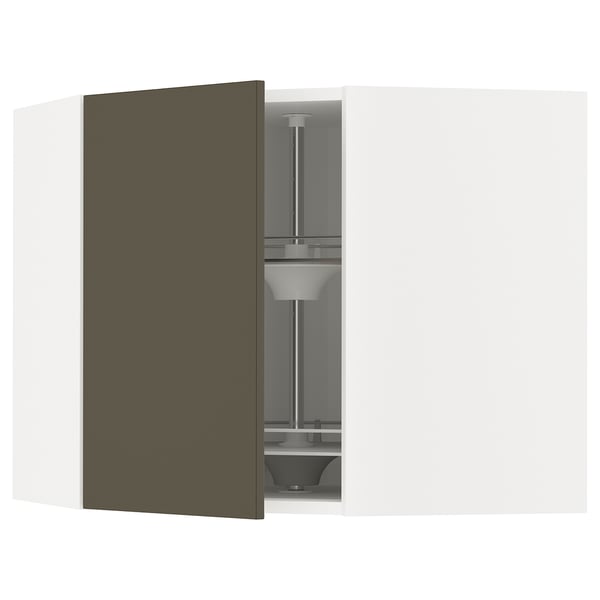 METOD corner wall cabinet with carousel, white/Havstorp brown-beige, 68x60 cm