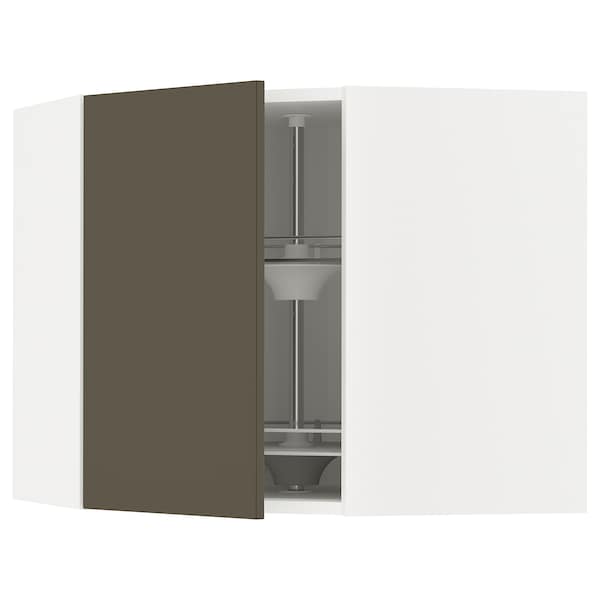 METOD - Corner wall cabinet with carousel, white/Havstorp brown-beige, 68x60 cm