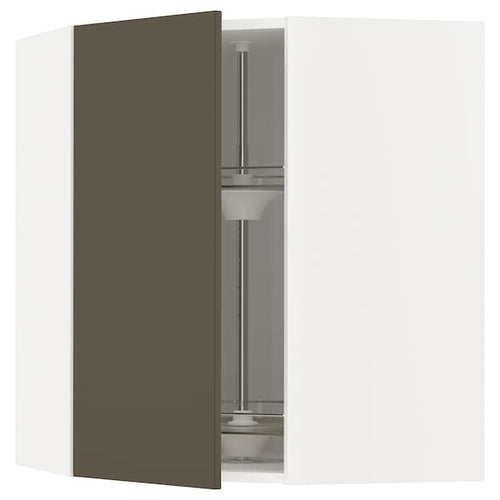 METOD corner wall cabinet with carousel, white/Havstorp brown-beige, 68x80 cm