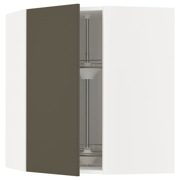 METOD corner wall cabinet with carousel, white/Havstorp brown-beige, 68x80 cm