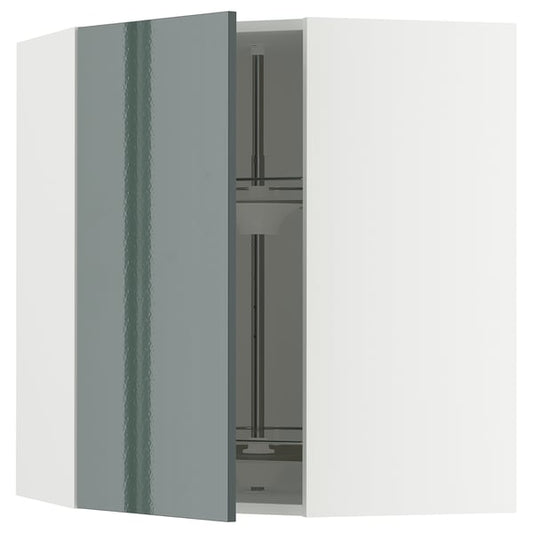 METOD - METOD Corner wall cabinet with carousel, white/Kallarp high-gloss dark grey-green, 68x80 cm