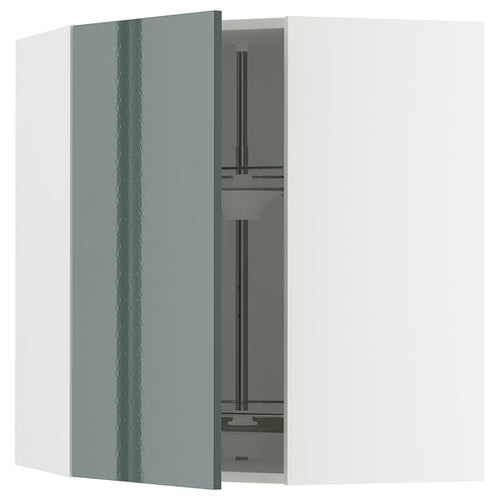 METOD corner wall cabinet with carousel, white/Kallarp high-gloss dark grey-green, 68x80 cm