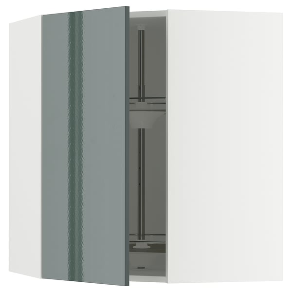 METOD - METOD Corner wall cabinet with carousel, white/Kallarp high-gloss dark grey-green, 68x80 cm