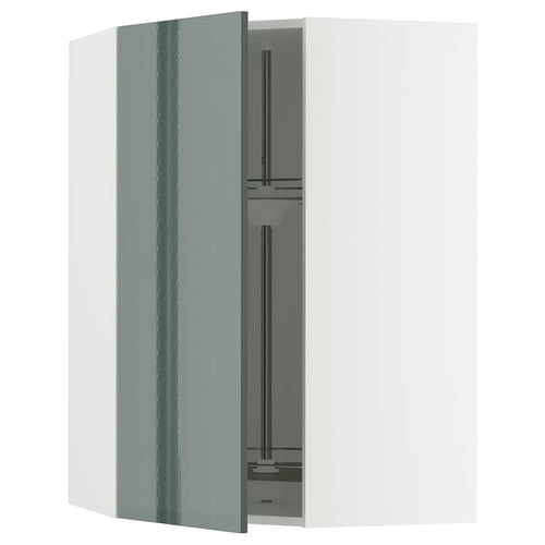 METOD corner wall cabinet with carousel, white/Kallarp high-gloss dark grey-green, 68x100 cm
