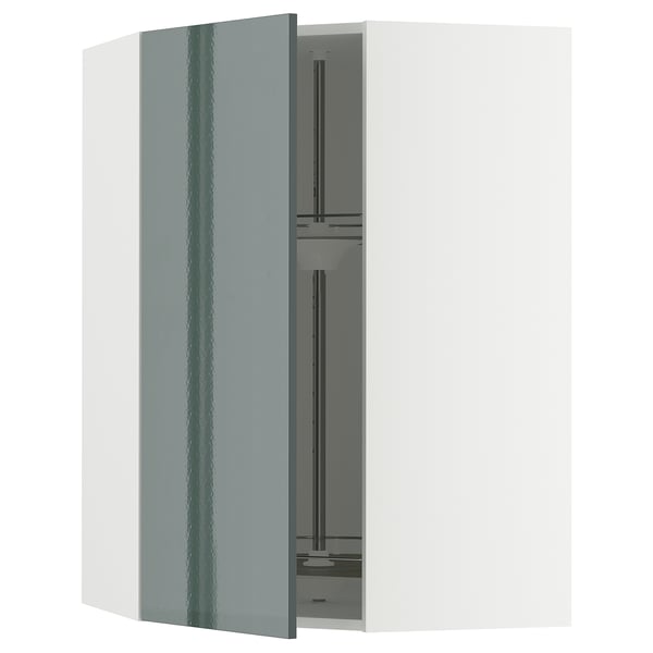 METOD - METOD Corner wall cabinet with carousel, white/Kallarp high-gloss dark grey-green, 68x100 cm