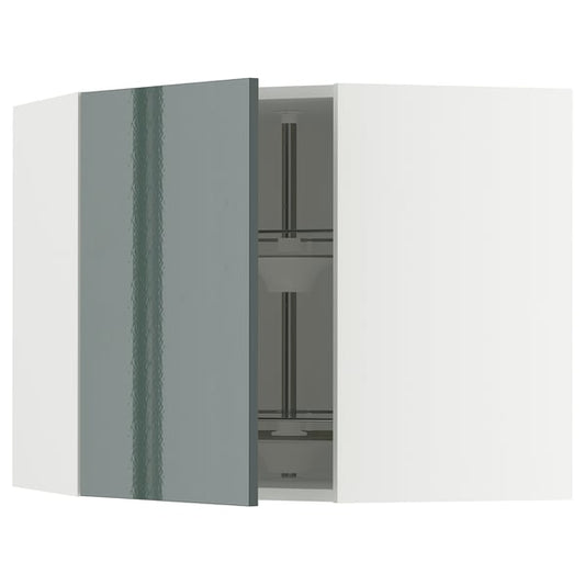 METOD - METOD Corner wall cabinet with carousel, white/Kallarp high-gloss dark grey-green, 68x60 cm