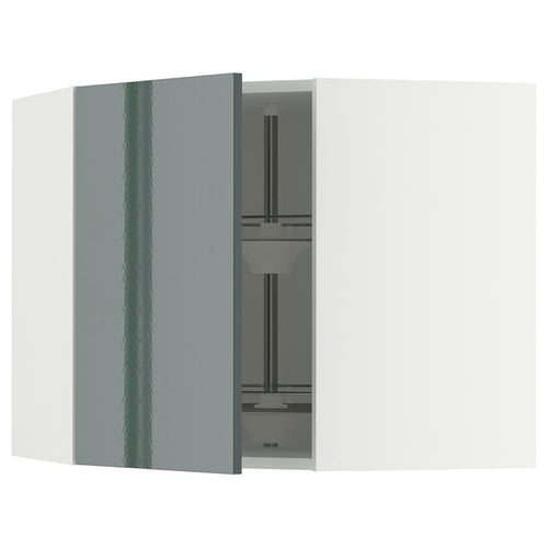 METOD corner wall cabinet with carousel, white/Kallarp high-gloss dark grey-green, 68x60 cm