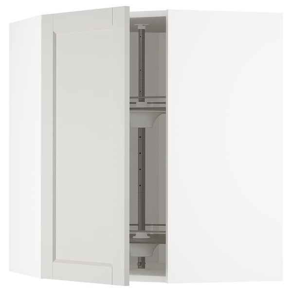 METOD corner wall cabinet with carousel, white/Lerhyttan light grey, 68x80 cm
