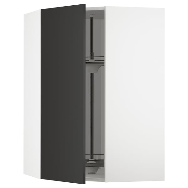 METOD corner wall cabinet with carousel, white/Nickebo matt anthracite, 68x100 cm
