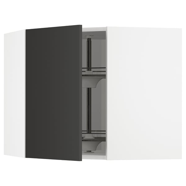 METOD corner wall cabinet with carousel, white/Nickebo matt anthracite, 68x60 cm