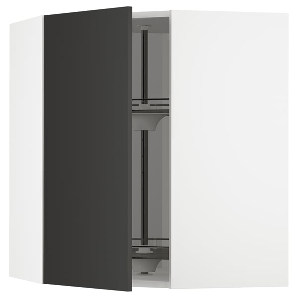 METOD corner wall cabinet with carousel, white/Nickebo matt anthracite, 68x80 cm