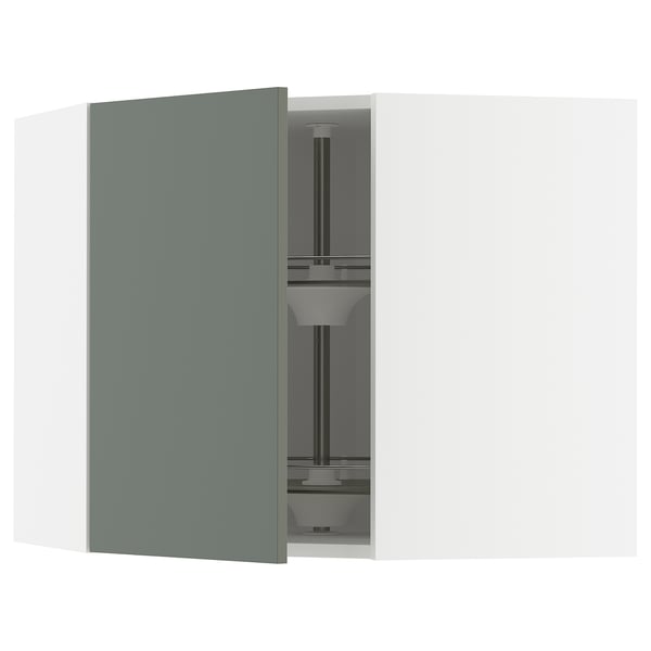 METOD - METOD Corner wall cabinet with carousel, white/Nickebo matt grey-green, 68x60 cm