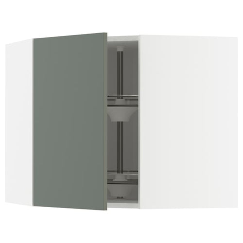 METOD corner wall cabinet with carousel, white/Nickebo matt grey-green, 68x60 cm