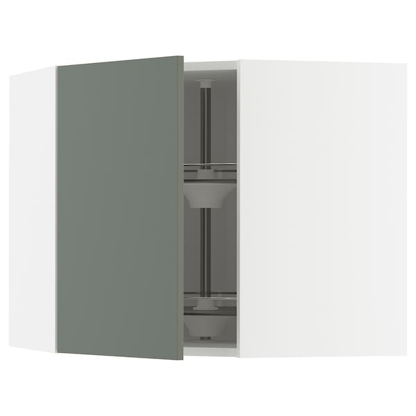 METOD - Corner wall cabinet with carousel, white/Nickebo matt grey-green, 68x60 cm
