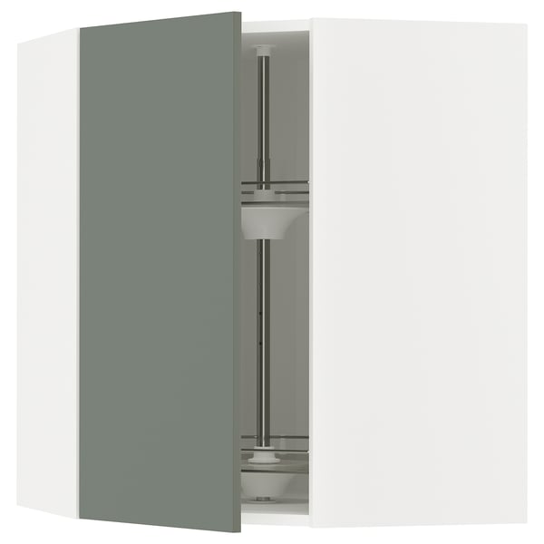 METOD corner wall cabinet with carousel, white/Nickebo matt grey-green, 68x80 cm