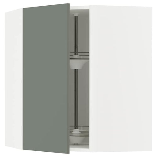 METOD corner wall cabinet with carousel, white/Nickebo matt grey-green, 68x80 cm