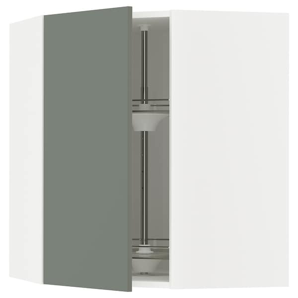METOD - Corner wall cabinet with carousel, white/Nickebo matt grey-green, 68x80 cm