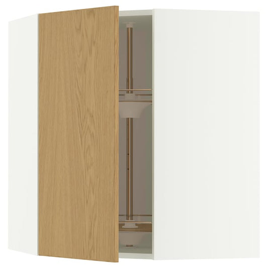 METOD corner wall cabinet with carousel, white/Sinarp oak veneer, 68x80 cm