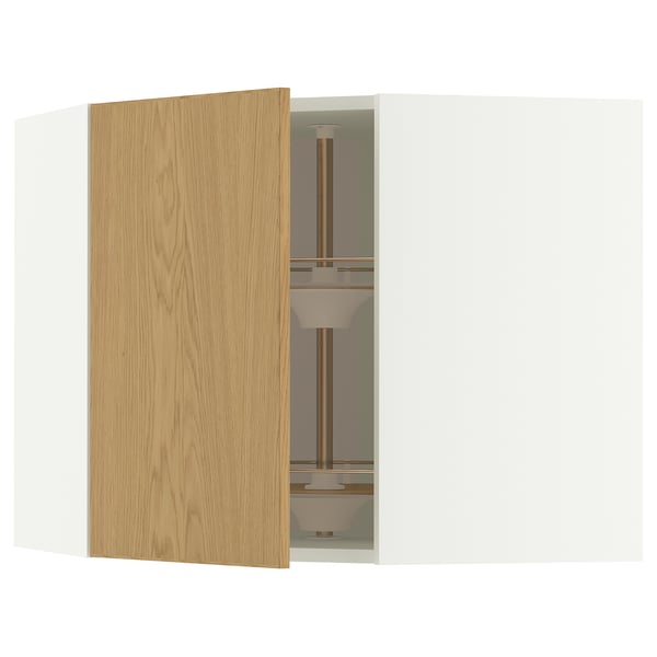 METOD corner wall cabinet with carousel, white/Sinarp oak veneer, 68x60 cm