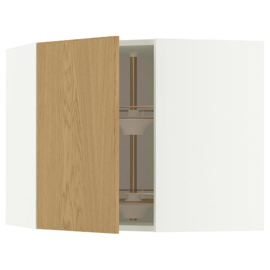 METOD corner wall cabinet with carousel, white/Sinarp oak veneer, 68x60 cm