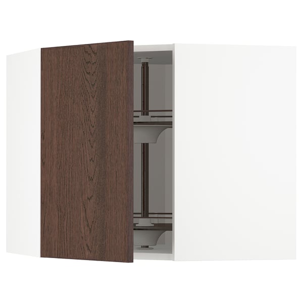METOD corner wall cabinet with carousel, white/Sinarp brown, 68x60 cm