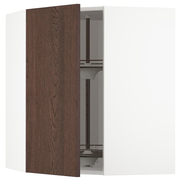 METOD corner wall cabinet with carousel, white/Sinarp brown, 68x80 cm