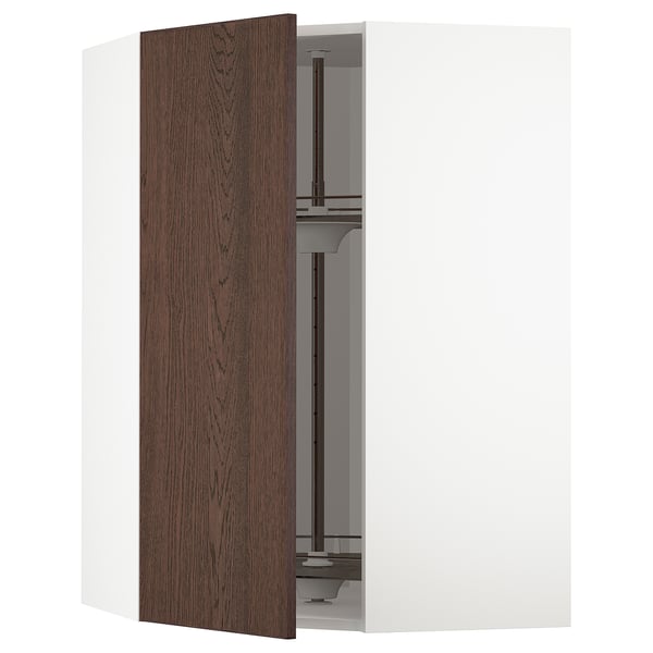 METOD corner wall cabinet with carousel, white/Sinarp brown, 68x100 cm
