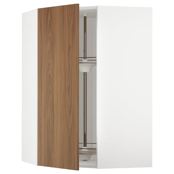 METOD corner wall cabinet with carousel, white/Tistorp brown walnut effect, 68x100 cm