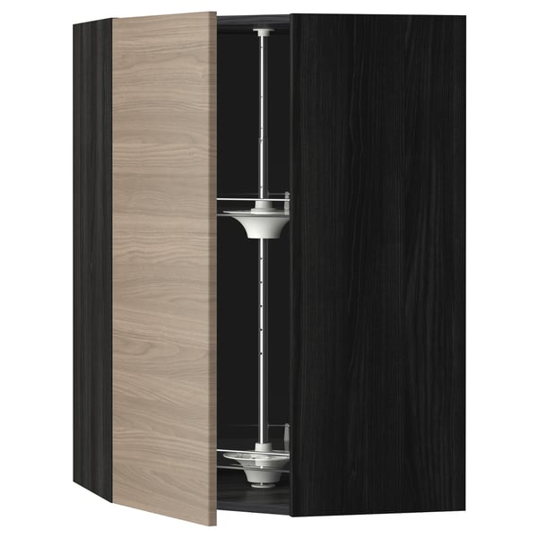 METOD corner wall cabinet with carousel, black/Brokhult light grey
