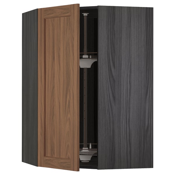 METOD corner wall cabinet with carousel, black Enköping/brown walnut effect, 68x100 cm