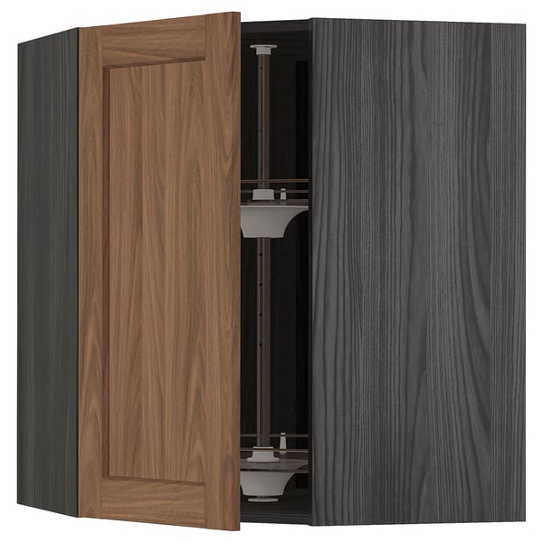 METOD corner wall cabinet with carousel, black Enköping/brown walnut effect, 68x80 cm