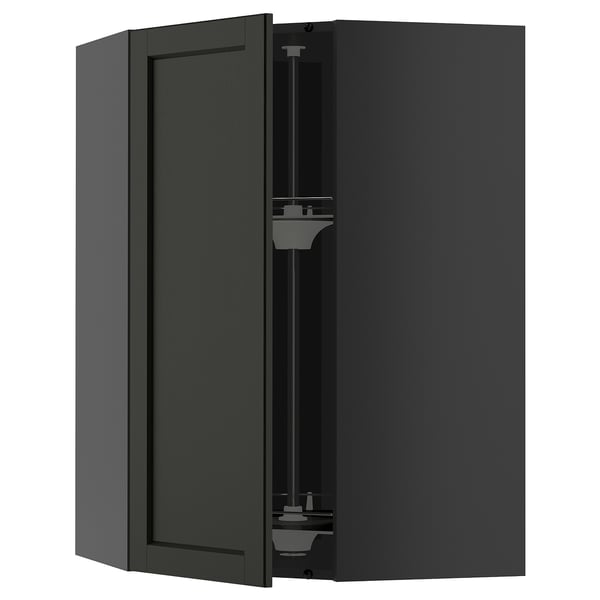 METOD corner wall cabinet with carousel, black-grey/Lerhyttan black stained, 68x100 cm