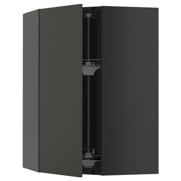 METOD corner wall cabinet with carousel, black-grey/Nickebo matt anthracite, 68x100 cm
