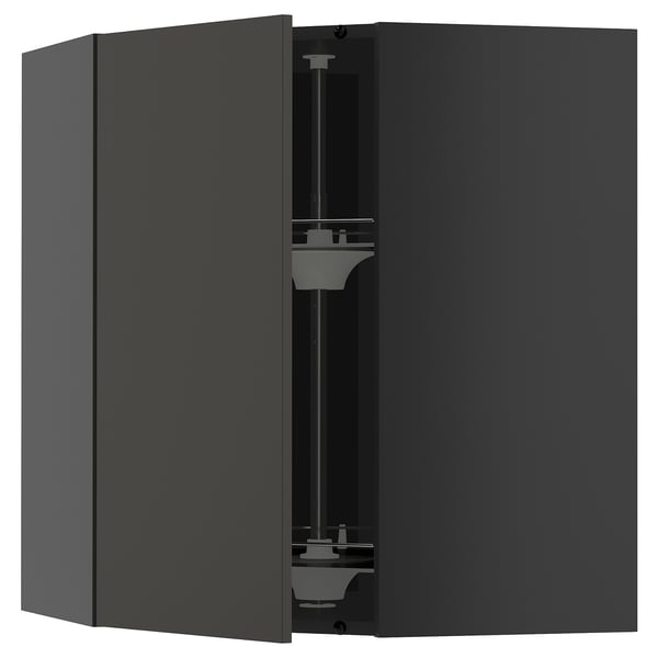METOD corner wall cabinet with carousel, black-grey/Nickebo matt anthracite, 68x80 cm