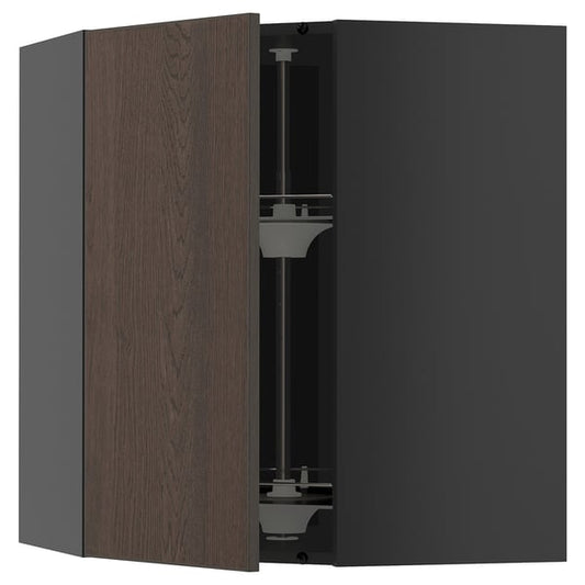 METOD - METOD Corner wall cabinet with carousel, black-grey/Sinarp brown, 68x80 cm