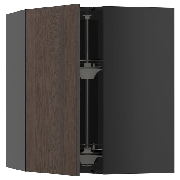 METOD corner wall cabinet with carousel, black-grey/Sinarp brown, 68x80 cm