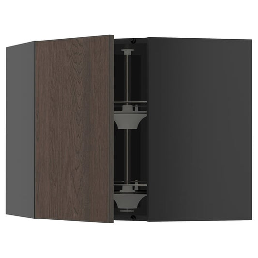 METOD - METOD Corner wall cabinet with carousel, black-grey/Sinarp brown, 68x60 cm