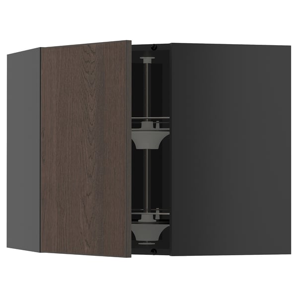 METOD corner wall cabinet with carousel, black-grey/Sinarp brown, 68x60 cm