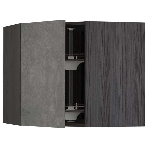 METOD corner wall cabinet with carousel, black/Kalhyttan dark grey concrete effect