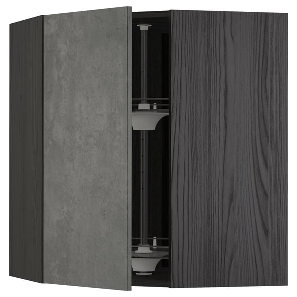 METOD corner wall cabinet with carousel, black/Kalhyttan dark grey concrete effect, 68x80 cm