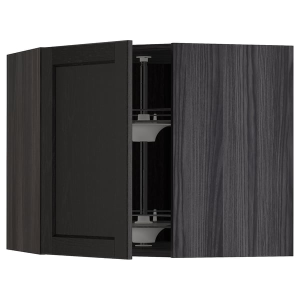 METOD corner wall cabinet with carousel, black/Lerhyttan black stained