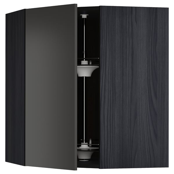 METOD corner wall cabinet with carousel, black/Nickebo matt anthracite, 68x80 cm