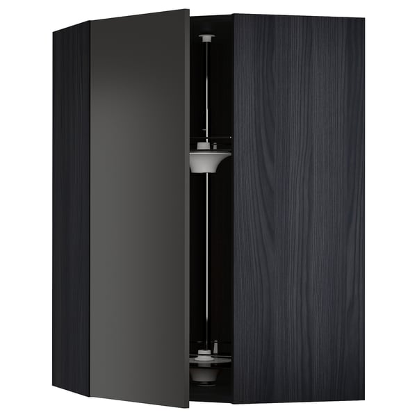 METOD corner wall cabinet with carousel, black/Nickebo matt anthracite, 68x100 cm