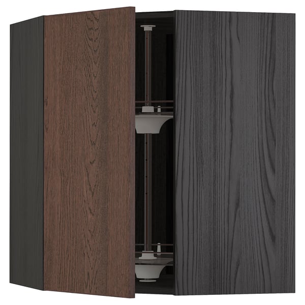 METOD corner wall cabinet with carousel, black/Sinarp brown, 68x80 cm